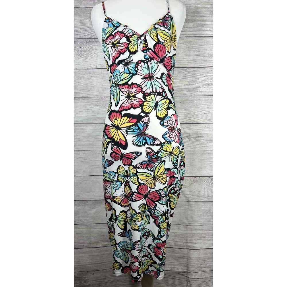 NoBo Butterfly Print Bodycon Midi Dress XS 1 Strappy Stretchy Colorful Babydoll